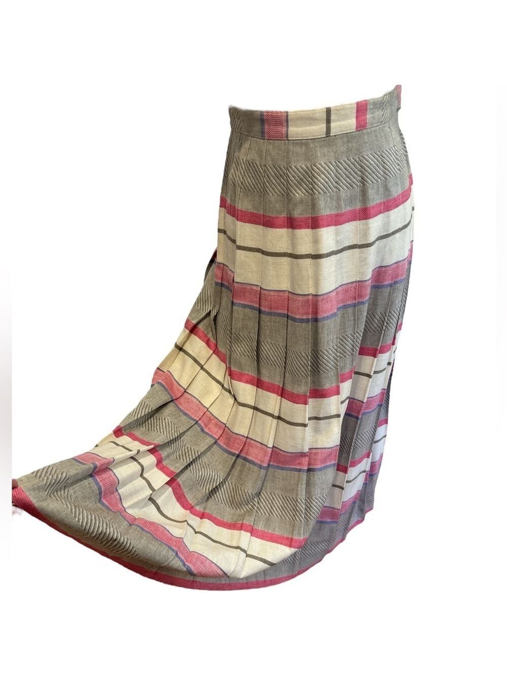 70s NUONS LINEN BLEND TAUPE PINK & CREAM WIDE STRIPE PLEATED MIDI SKIRT SZ S